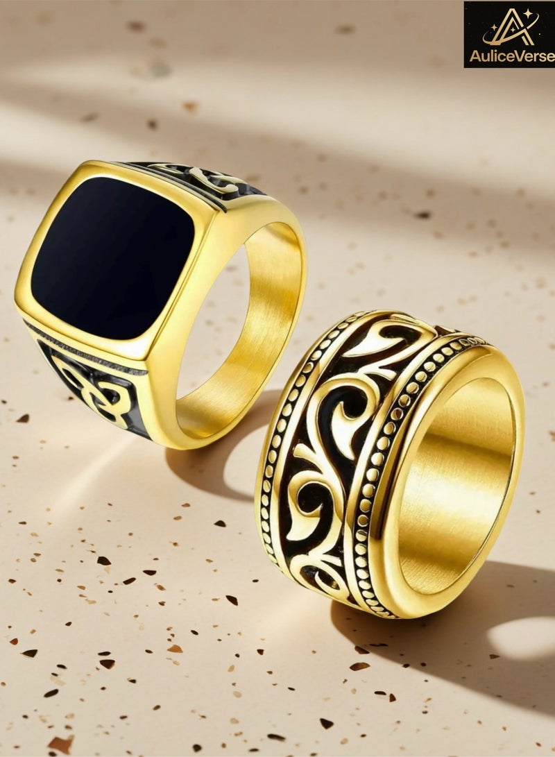 AuliceVerse 2Pcs Stainless Steel Signet Biker Rings Set Retro Vintage Wide Celtic Knot Band Rings for Men - Image 2